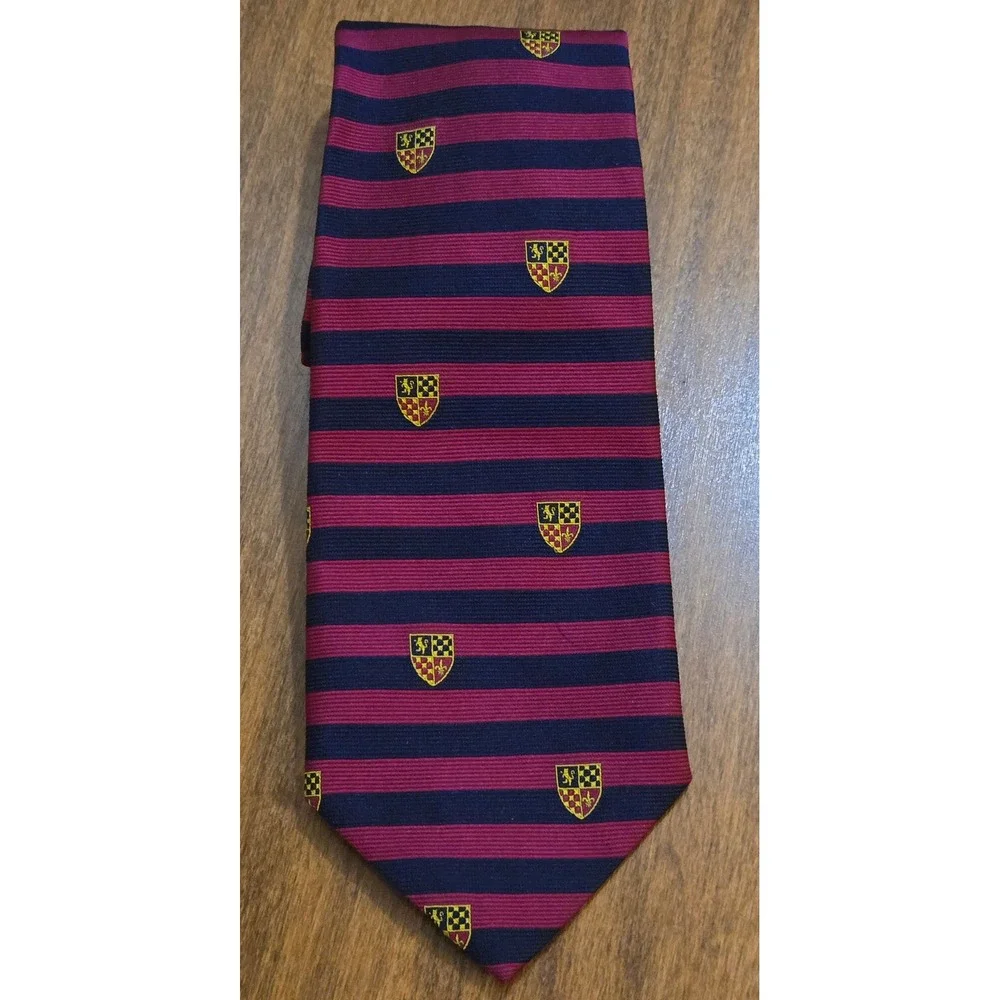 Brooks Brothers Makers Silk Tie Navy Burgundy Striped Crested Hand Made USA